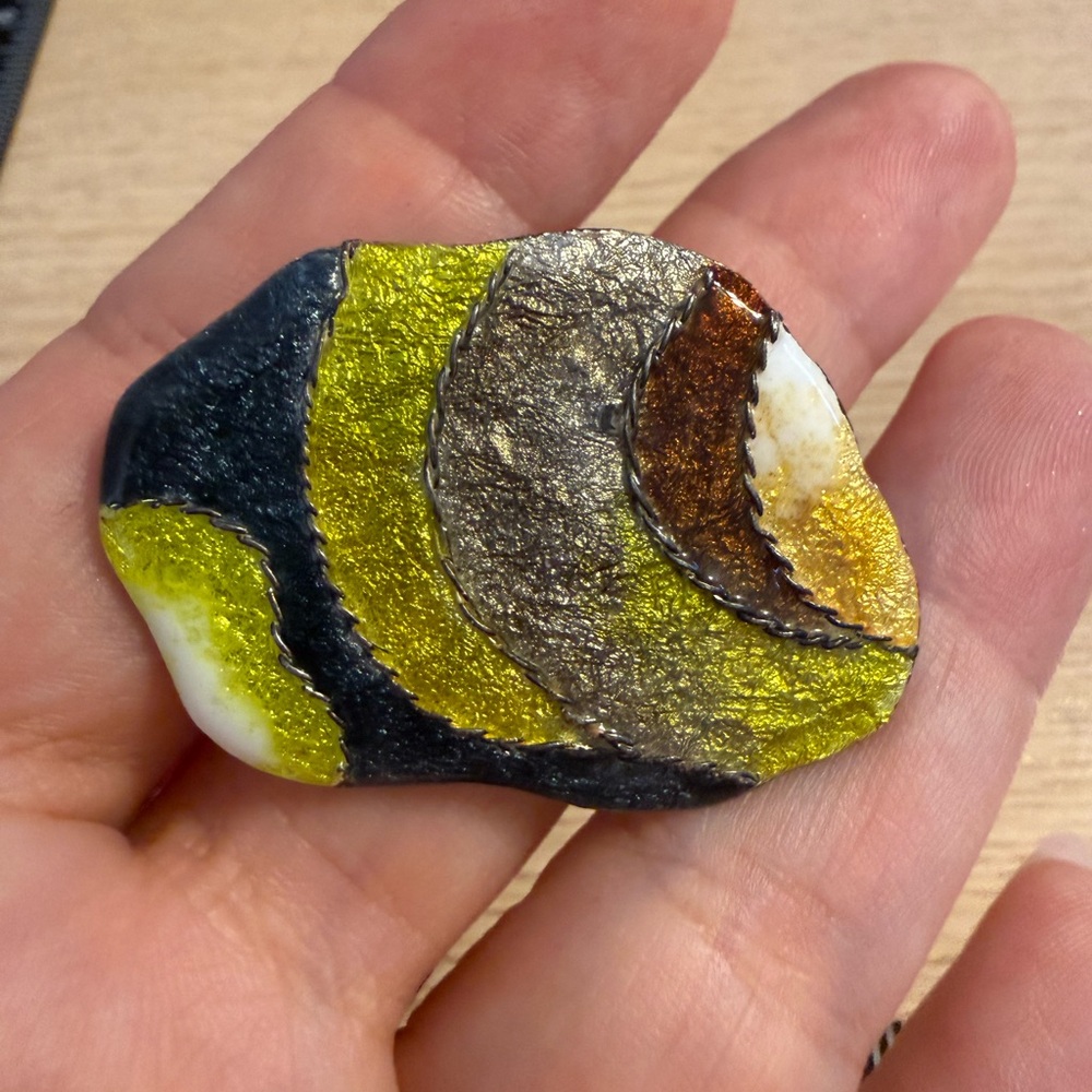 Handmade Enamel Abstract‎ Brooch in Yellow, Black & Metallics